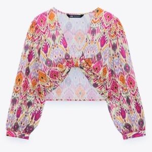 NEW Zara Multicolour Print Long Sleeve Cropped Cotton Blouse Size XS